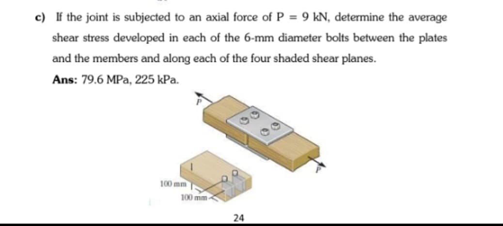 c) If the joint is subjected to an axial force of P = 9 kN, determine the average
shear stress developed in each of the 6-mm diameter bolts between the plates
and the members and along each of the four shaded shear planes.
Ans: 79.6 MPa, 225 kPa.
100 mm
100 mm
24
