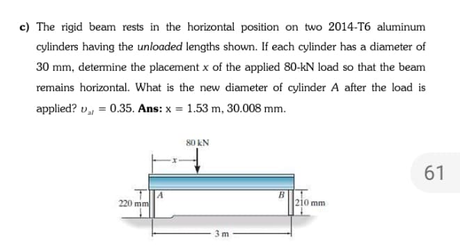 c) The rigid beam rests in the horizontal position on two 2014-T6 aluminum
cylinders having the unloaded lengths shown. If each cylinder has a diameter of
30 mm, detemine the placement x of the applied 80-kN load so that the beam
remains horizontal. What is the new diameter of cylinder A after the load is
applied? v, = 0.35. Ans: x = 1.53 m, 30.008 mm.
80 kN
61
|A
220 mm
B
210 mm
3 m
