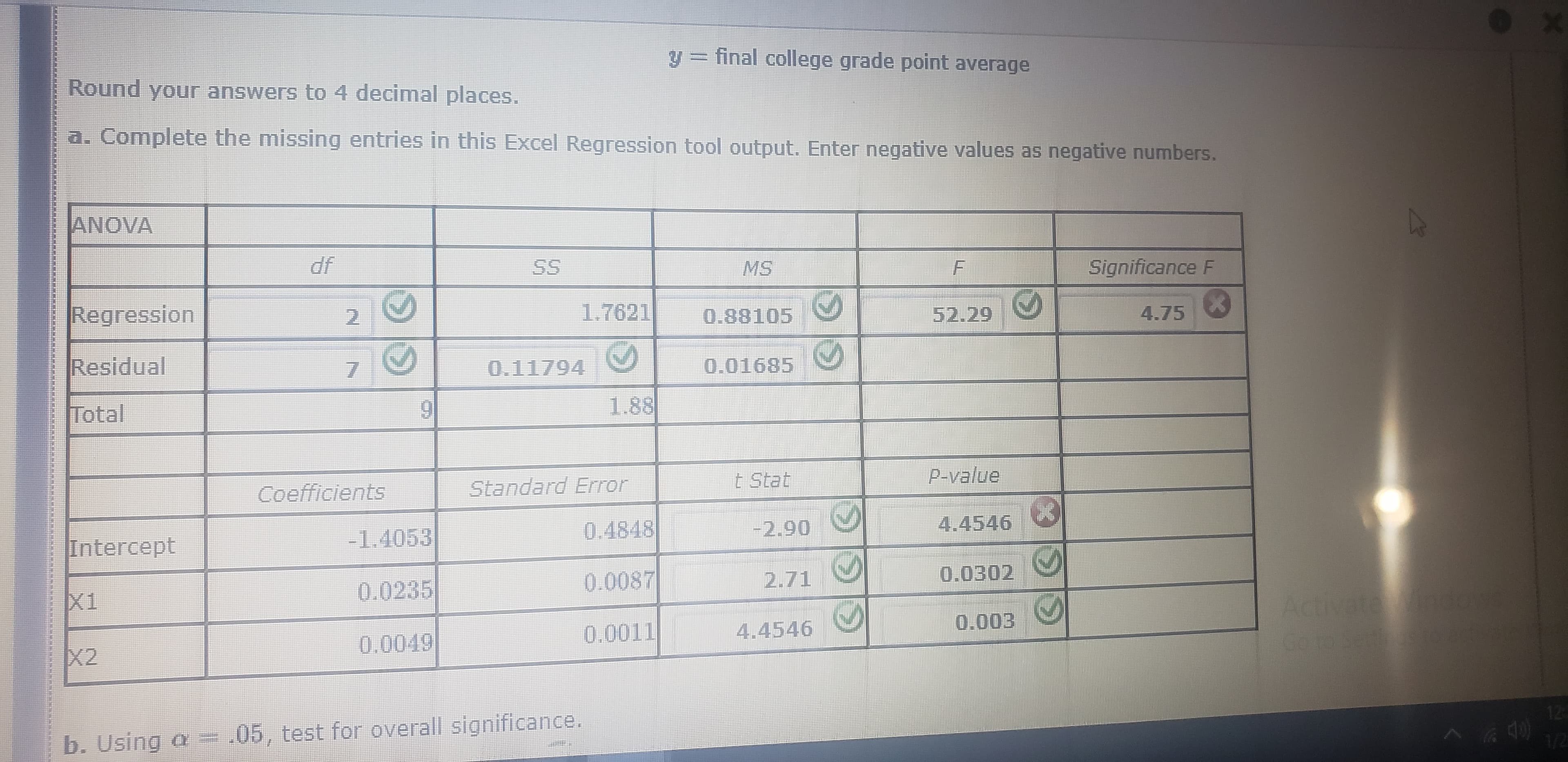 y = final college grade point average
Round your answers to 4 decimal places.
a. Complete the missing entries in this Excel Regression tool output. Enter negative values as negative numbers.
ANOVA
df
SS
Significance F
Regression
1.7621
52.29
0.88105
4.75
2.
Residual
0.01685
0.11794
7.
1.88
6.
Total
P-value
t Stat
Standard Error
Coefficients
4.4546
0.4848
-2.90
-1.4053
Intercept
0.0302
0.0087
2.71
0.0235
Activatend
Go tobees.o
X1
0.003
4.4546
0.0011
0.0049
X2
124
.05, test for overall significance.
1/2
b. Using a=
