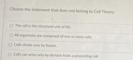 Choose the statement that does not belong to Cell Theory.
O The cell is the structural unit of life.
O All organisms are composed of one or more cells.
O Cells divide only by fission.
Cells can arise only by division from a preexisting cell.
