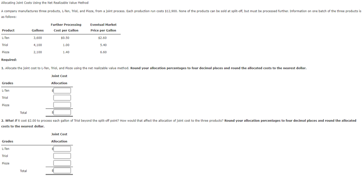 Allocating Joint Costs Using the Net Realizable Value Method
A company manufactures three products, L-Ten, Triol, and Pioze, from a joint process. Each production run costs $12,900. None of the products can be sold at split-off, but must be processed further. Information on one batch of the three products is
as follows:
Product
L-Ten
Triol
Pioze
Grades
L-Ten
Triol
Pioze
Grades
L-Ten
Triol
Total
Pioze
Gallons
3,600
4,100
2,100
Total
Further Processing
Cost per Gallon
Required:
1. Allocate the joint cost to L-Ten, Triol, and Pioze using the net realizable value method. Round your allocation percentages to four decimal places and round the allocated costs to the nearest dollar.
Joint Cost
$0.50
1.00
1.40
Allocation
2. What if it cost $2.00 to process each gallon of Triol beyond the split-off point? How would that affect the allocation of joint cost to the three products? Round your allocation percentages to four decimal places and round the allocated
costs to the nearest dollar.
$
Joint Cost
Eventual Market
Price per Gallon
Allocation
$2.60
5.40
6.60