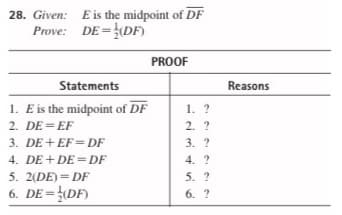 28. Given: E is the midpoint of DF
Prove: DE =DF)
PROOF
Statements
1. E is the midpoint of DF
2. DE =EF
Reasons
1. ?
2. ?
3. DE + EF= DF
3. ?
4. DE + DE = DF
4. ?
5. ?
5. 2(DE) = DF
6. DE =DF)
6. ?
