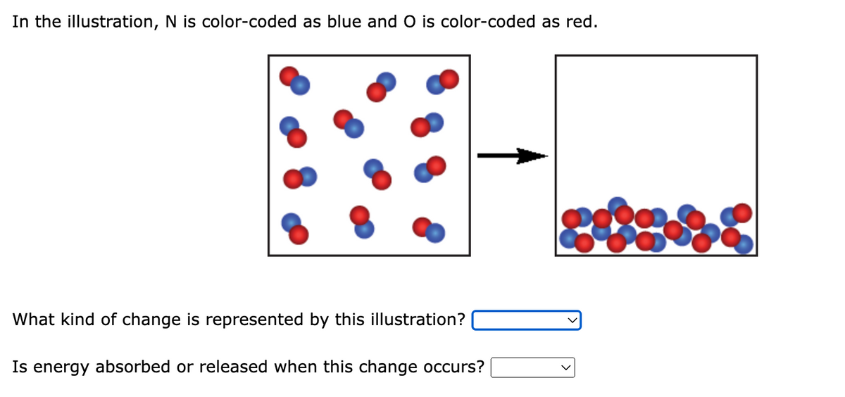 In the illustration, N is color-coded as blue and O is color-coded as red.
What kind of change is represented by this illustration?
Is energy absorbed or released when this change occurs?