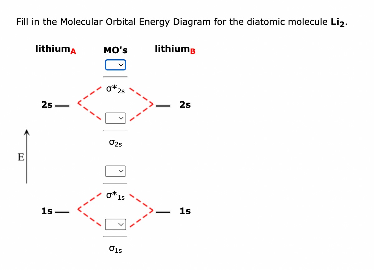 Fill in the Molecular Orbital Energy Diagram for the diatomic molecule Li₂.
E
lithiumA
2s-
1s.
MO's
2s
02s
0* 1s
015
lithiumB
2s
1s