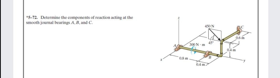 *5-72. Determine the components of reaction acting at the
smooth journal bearings A, B, and C.
450 N
0.6 m
45°
300 N m
04 m
B.
0,8 m
0.4 m.
