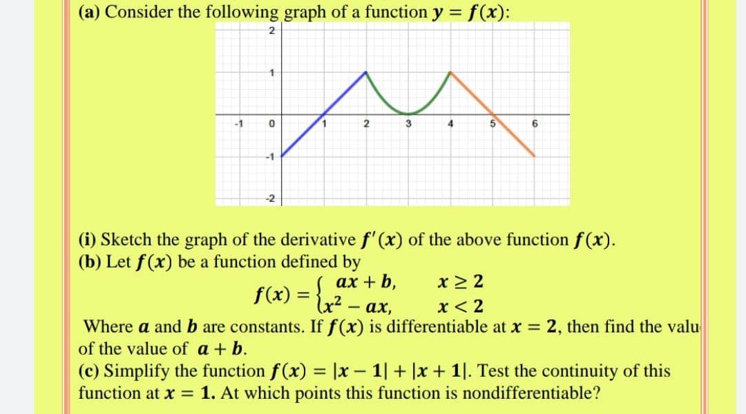 (a) Consider the following graph of a function y = f(x):
-1
1.
2
3
6
-1
-2
(i) Sketch the graph of the derivative f' (x) of the above function f(x).
(b) Let f(x) be a function defined by
ах + b,
x > 2
f(x)
lx² - ax,
x < 2
Where a and b are constants. If f(x) is differentiable at x = 2, then find the valu
of the value of a + b.
(c) Simplify the function f(x) = |x - 1|+ |x+ 1|. Test the continuity of this
function at x = 1. At which points this function is nondifferentiable?
%3D
