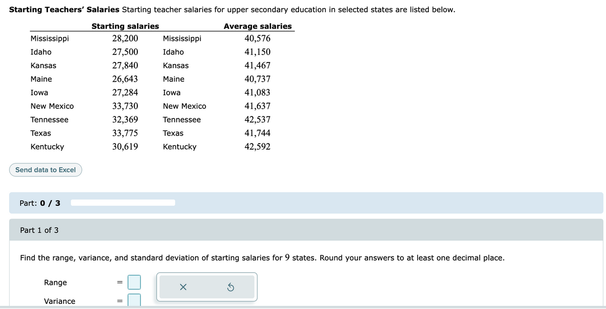 Starting Teachers' Salaries Starting teacher salaries for upper secondary education in selected states are listed below.
Average salaries
40,576
Starting salaries
Mississippi
28,200
Mississippi
Idaho
27,500
Idaho
41,150
Kansas
27,840
Kansas
41,467
Maine
26,643
Maine
40,737
Iowa
27,284
Iowa
41,083
New Mexico
33,730
New Mexico
41,637
Tennessee
32,369
Tennessee
42,537
Техas
33,775
Техas
41,744
Kentucky
30,619
Kentucky
42,592
Send data to Excel
Part: 0 / 3
Part 1 of 3
Find the range, variance, and standard deviation of starting salaries for 9 states. Round your answers to at least one decimal place.
Range
Variance
