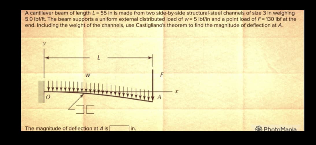 A cantilever beam of length L = 55 in is made from two side-by-side structural-steel channels of size 3 in weighing
5.0 lbf/ft. The beam supports a uniform external distributed load of w= 5 lbf/in and a point load of F=130 lbf at the
end. Including the weight of the channels, use Castigliano's theorem to find the magnitude of deflection at A.
y
0
W
42
The magnitude of deflection at A is
in.
F
A
X
PhotoMania
