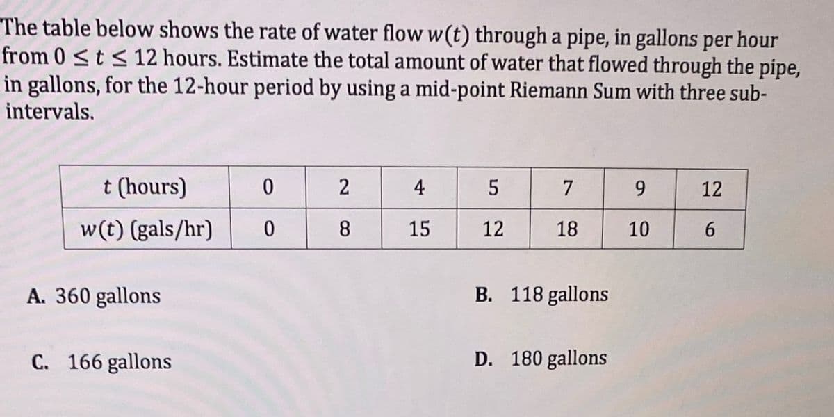 The table below shows the rate of water flow w(t) through a pipe, in gallons per hour
from 0 <t < 12 hours. Estimate the total amount of water that flowed through the pipe,
in gallons, for the 12-hour period by using a mid-point Riemann Sum with three sub-
intervals.
t (hours)
2
4
9.
12
w(t) (gals/hr)
8.
15
12
18
10
A. 360 gallons
B. 118 gallons
C. 166 gallons
D. 180 gallons
