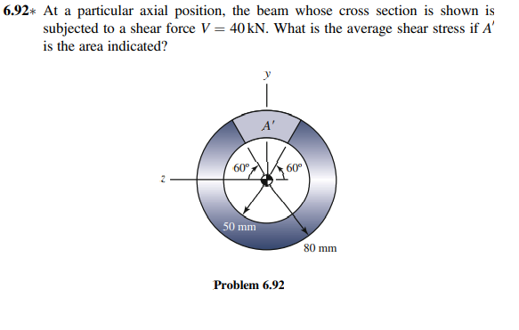 6.92* At a particular axial position, the beam whose cross section is shown is
subjected to a shear force V = 40 kN. What is the average shear stress if A'
is the area indicated?
60⁰
50 mm
A'
Problem 6.92
60°
80 mm