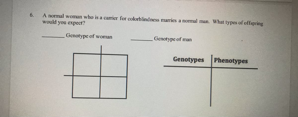 6.
A normal woman who is a carrier for colorblindness marries a normal man. What types of offspring
would you expect?
Genotype of woman
Genotype of man
Genotypes Phenotypes
