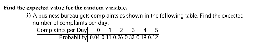 Find the expected value for the random variable.
3) A business bureau gets complaints as shown in the following table. Find the expected
number of complaints per day.
Complaints per Day
1 2 3 4 5
Probability 0.04 0.11 0.26 0.33 0.19 0.12
