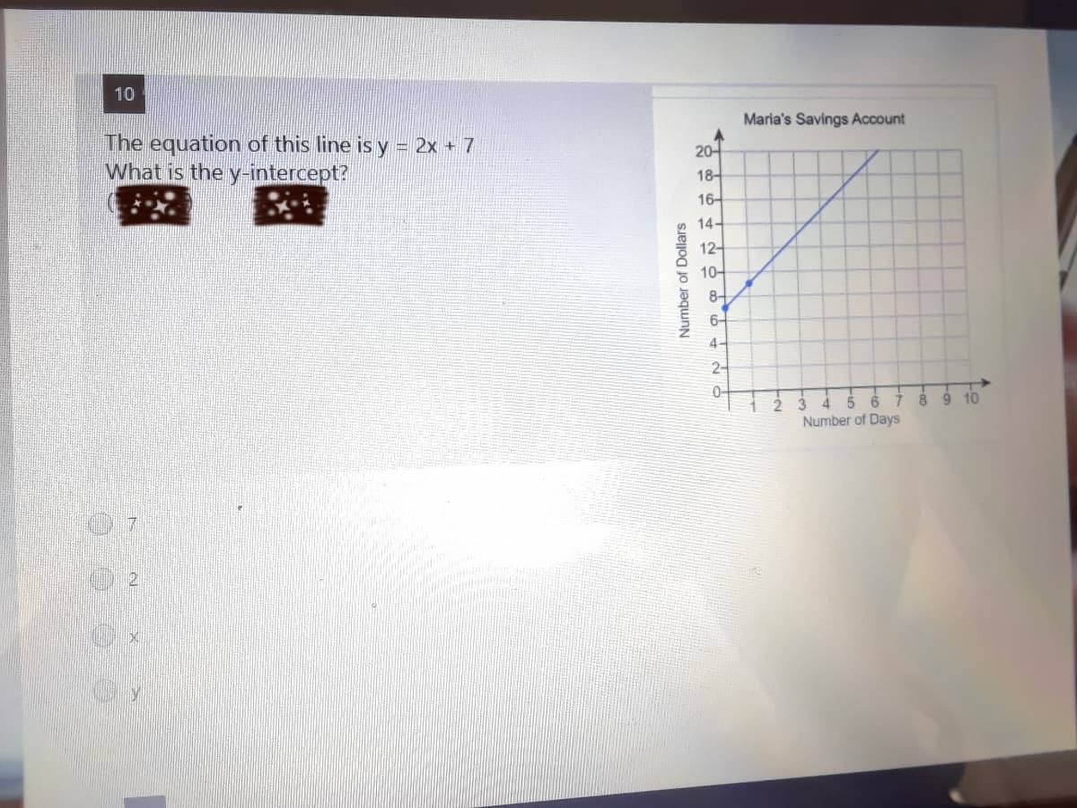 10
Maria's Savings Account
The equation of this line is y = 2x + 7
What is the y-intercept?
20-
18-
16-
14-
12-
10-
8-
6-
4-
2-
0-
10
2.
Number of Days
Number of Dollars
