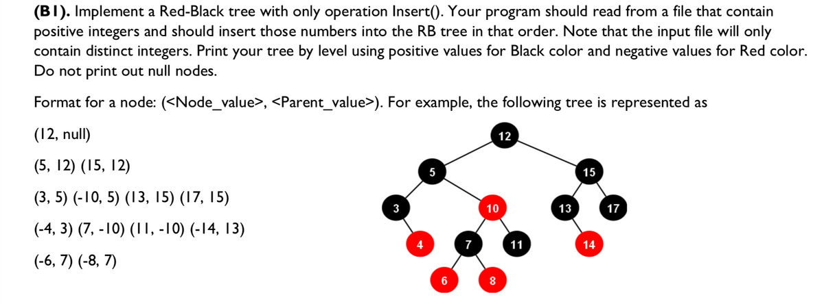 (BI). Implement a Red-Black tree with only operation Insert(). Your program should read from a file that contain
positive integers and should insert those numbers into the RB tree in that order. Note that the input file will only
contain distinct integers. Print your tree by level using positive values for Black color and negative values for Red color.
Do not print out null nodes.
Format for a node: (<Node_value>, <Parent_value>). For example, the following tree is represented as
(12, null)
12
(5, 12) (15, 12)
15
(3, 5) (-10, 5) (13, 15) (17, 15)
3
10
13
17
(-4, 3) (7, -10) (I1, -10) (-14, 13)
4
11
14
(-6, 7) (-8, 7)
6
8.
5
