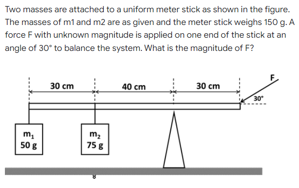 Two masses are attached to a uniform meter stick as shown in the figure.
The masses of m1 and m2 are as given and the meter stick weighs 150 g. A
force F with unknown magnitude is applied on one end of the stick at an
angle of 30° to balance the system. What is the magnitude of F?
30 cm
40 cm
30 cm
30°
m2
50 g
75 8
