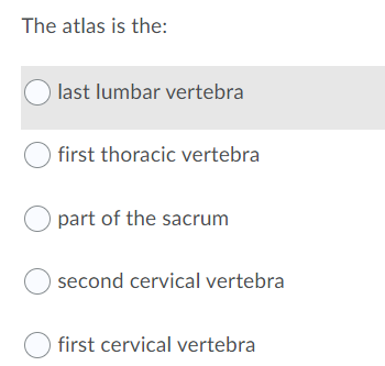 The atlas is the:
O last lumbar vertebra
first thoracic vertebra
O part of the sacrum
second cervical vertebra
first cervical vertebra
