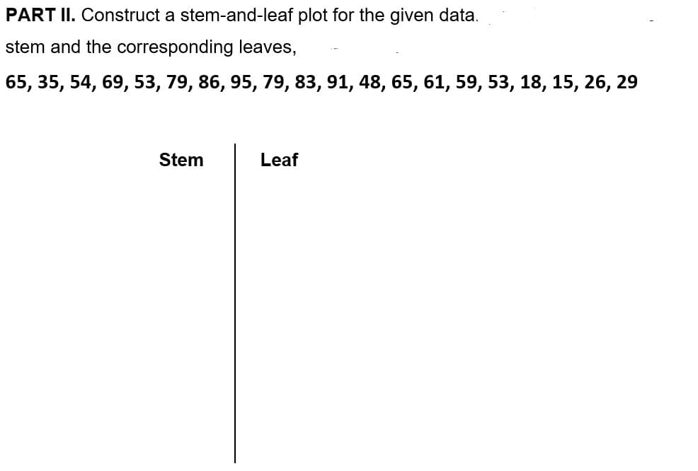 PART II. Construct a stem-and-leaf plot for the given data.
stem and the corresponding leaves,
65, 35, 54, 69, 53, 79, 86, 95, 79, 83, 91, 48, 65, 61, 59, 53, 18, 15, 26, 29
Stem
Leaf
