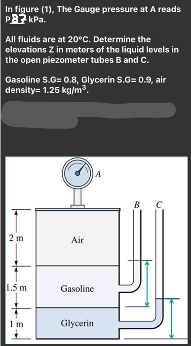 In figure (1), The Gauge pressure at A reads
P87 kPa.
All fluids are at 20°C. Determine the
elevations Z in meters of the liquid levels in
the open piezometer tubes B and c.
Gasoline S.G= 0.8, Glycerin S.G= 0.9, air
density= 1.25 kg/m³.
A
В
C
2 m
Air
1.5 m
Gasoline
1 m
Glycerin
-
