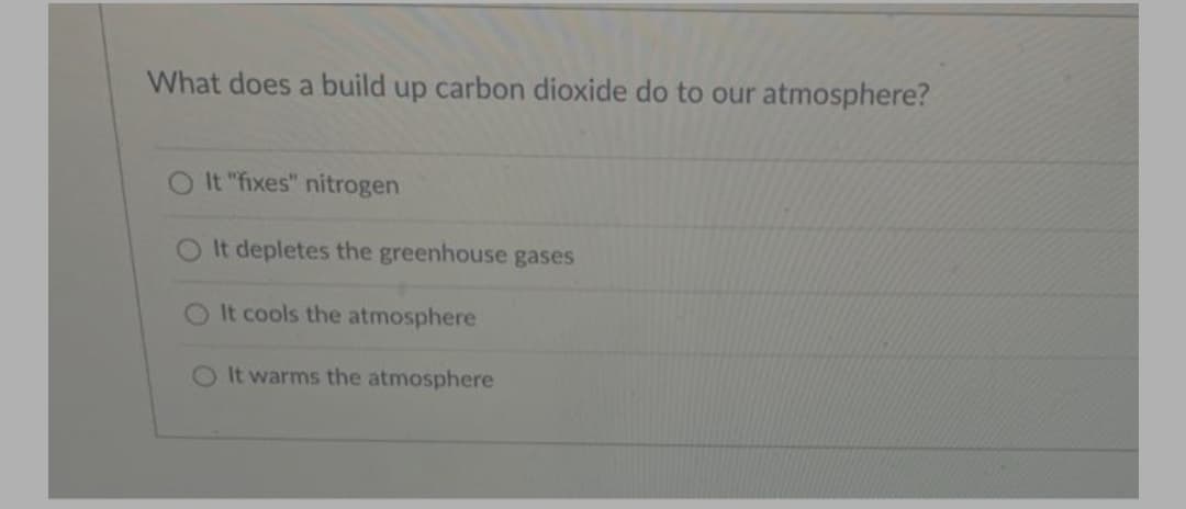 What does a build up carbon dioxide do to our atmosphere?
O It "fixes" nitrogen
OIt depletes the greenhouse gases
It cools the atmosphere
OIt warms the atmosphere
