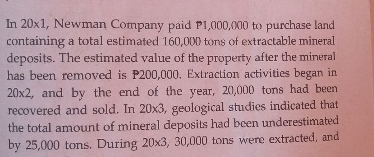 In 20x1, Newman Company paid P1,000,000 to purchase land
containing a total estimated 160,000 tons of extractable mineral
deposits. The estimated value of the property after the mineral
has been removed is P200,000. Extraction activities began in
20x2, and by the end of the year, 20,000 tons had been
recovered and sold. In 20x3, geological studies indicated that
the total amount of mineral deposits had been underestimated
by 25,000 tons. During 20x3; 30,000 tons were extracted, and
