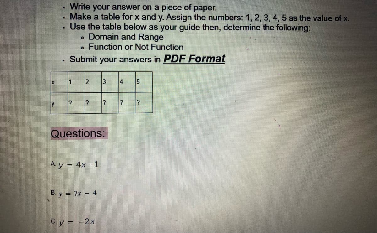 Write your answer on a piece of paper.
Make a table for x and y. Assign the numbers: 1, 2, 3, 4, 5 as the value of x.
Use the table below as your guide then, determine the following:
• Domain and Range
• Function or Not Function
Submit your answers in PDF Format
1
2
3
14
y
Questions:
A. y = 4x –1
B. y = 7x - 4
C.y = -2x
