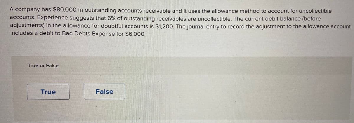 A company has $80,000 in outstanding accounts receivable and it uses the allowance method to account for uncollectible
accounts. Experience suggests that 6% of outstanding receivables are uncollectible. The current debit balance (before
adjustments) in the allowance for doubtful accounts is $1,200. The journal entry to record the adjustment to the allowance account
includes a debit to Bad Debts Expense for $6,000.
True or False
True
False
