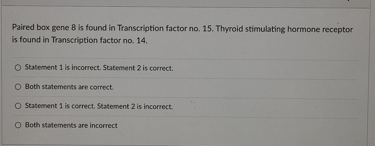 Paired box gene 8 is found in Transcription factor no. 15. Thyroid stimulating hormone receptor
is found in Transcription factor no. 14.
O Statement 1 is incorrect. Statement 2 is correct.
O Both statements are correct.
O Statement 1 is correct. Statement 2 is incorrect.
O Both statements are incorrect
