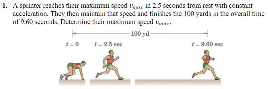 1. A sprinter reaches their maximum speed Vmax in 2.5 seconds from rest with constant
acceleration. They then maintain that speed and finishes the 100 yards in the overall time
of 9.60 seconds. Determine their maximum speed Vmax-
100 yd
t=0
t = 2.5 sec
k
t = 9.60 sec
Å