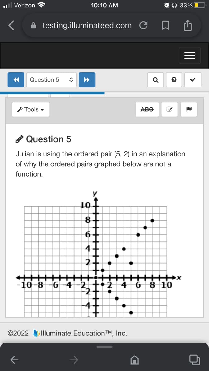l Verizon ?
10:10 AM
O N 33% O
A testing.illuminateed.com C
Question 5
Tools -
АBG
Question 5
Julian is using the ordered pair (5, 2) in an explanation
of why the ordered pairs graphed below are not a
function.
10-
-10-8
6-4 -2
•2
4 6
8 10
©2022
Illuminate Education TM, Inc.
II
8.
<>
