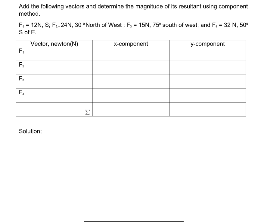 Add the following vectors and determine the magnitude of its resultant using component
method.
F, = 12N, S; F2-24N, 30 °North of West ; F3 = 15N, 75° south of west; and F, = 32 N, 50°
S of E.
