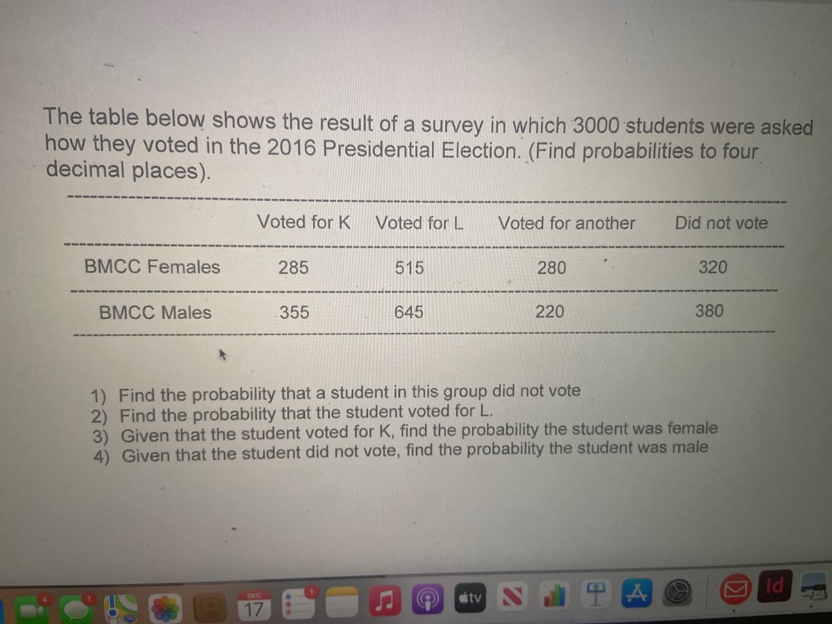 The table below shows the result of a survey in which 3000 students were asked
how they voted in the 2016 Presidential Election. (Find probabilities to four
decimal places).
Voted for K
Voted for L
Voted for another
Did not vote
BMCC Females
285
515
280
320
BMCC Males
355
645
220
380
1) Find the probability that a student in this group did not vote
2) Find the probability that the student voted for L.
3) Given that the student voted for K, find the probability the student was female
4) Given that the student did not vote, find the probability the student was male
DEC
tv
17
