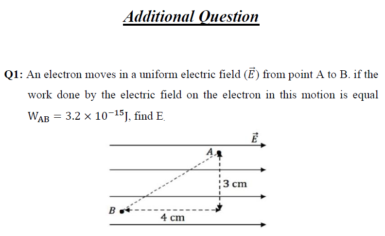 Additional Question
Q1: An electron moves in a uniform electric field (Ē) from point A to B. if the
work done by the electric field on the electron in this motion is equal
WAB = 3.2 x 10-15J, find E.
B
4 cm
A,
¦3 cm
