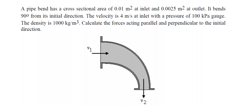 A pipe bend has a cross sectional area of 0.01 m2 at inlet and 0.0025 m2 at outlet. It bends
900 from its initial direction. The velocity is 4 m/s at inlet with a pressure of 100 kPa gauge.
The density is 1000 kg/m3. Calculate the forces acting parallel and perpendicular to the initial
direction.
V1
v2
