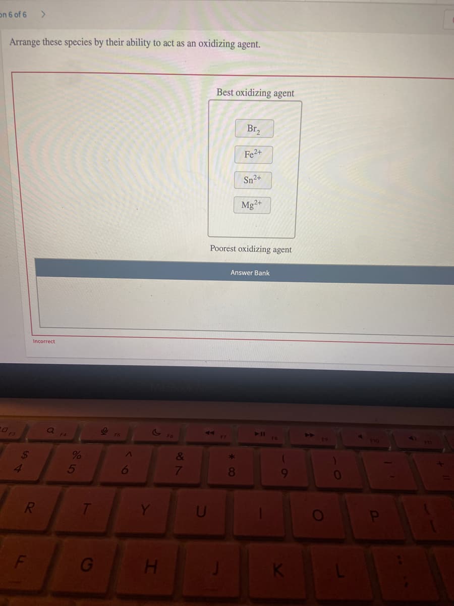 on 6 of 6
<>
Arrange these species by their ability to act as an oxidizing agent.
Best oxidizing agent
Br,
Fe2+
Sn2+
Mg2+
Poorest oxidizing agent
Answer Bank
Incorrect
F6
24
%
&
41
6
7
8
G
H.
ト
R
