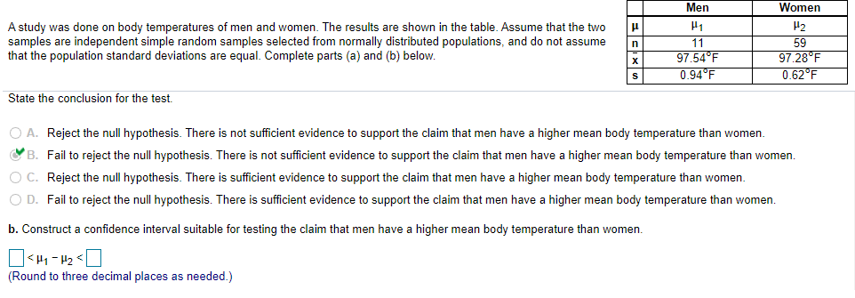 Men
Women
A study was done on body temperatures of men and women. The results are shown in the table. Assume that the two
samples are independent simple random samples selected from normally distributed populations, and do not assume
that the population standard deviations are equal. Complete parts (a) and (b) below.
11
97.54°F
59
97.28°F
0.62°F
0.94°F
State the conclusion for the test.
O A. Reject the null hypothesis. There is not sufficient evidence to support the claim that men have a higher mean body temperature than women.
O B. Fail to reject the null hypothesis. There is not sufficient evidence to support the claim that men have a higher mean body temperature than women.
O C. Reject the null hypothesis. There is sufficient evidence to support the claim that men have a higher mean body temperature than women.
O D. Fail to reject the null hypothesis. There is sufficient evidence to support the claim that men have a higher mean body temperature than women.
b. Construct a confidence interval suitable for testing the claim that men have a higher mean body temperature than women.
O<H1 - 42 <O
(Round to three decimal places as needed.)
