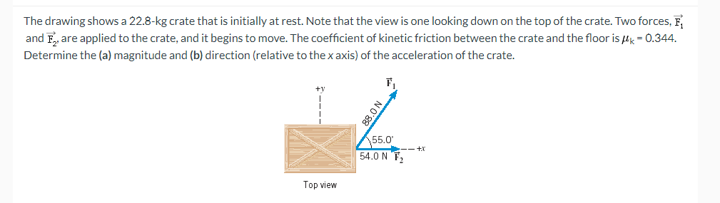 The drawing shows a 22.8-kg crate that is initially at rest. Note that the view is one looking down on the top of the crate. Two forces, F₁
and are applied to the crate, and it begins to move. The coefficient of kinetic friction between the crate and the floor is k = 0.344.
Determine the (a) magnitude and (b) direction (relative to the x axis) of the acceleration of the crate.
+y
Top view
88.0 N
F₁
55.0*
54.0 N T₂
--+X