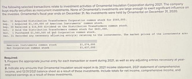 The following selected transactions relate to investment activities of Ornamental Insulation Corporation during 2021. The company
buys equity securities as noncurrent investments. None of Ornamental's investments are large enough to exert significant influence on
the investee. Ornamental's fiscal year ends on December 31. No investments were held by Ornamental on December 31, 2020.
Mar. 31 Acquired Distribution Transforners Corporation common stock for $560,000.
Sep. 1 Acquired $1,140,000 of American Instruments' common stock.
Sep. 30 Received a $16, 800 dividend on the Distribution Transformers common stock.
Oct. 2 Sold the Distribution Transformers common stock for $601,000.
Nov. 1 Purchased $1,560,000 of yaD Corporation common stock.
Dec. 31 Recorded any necessary adjusting entry(s) relating to the investments. The market prices of the investments are:
$1,074,000
$1,637,000
American Instruments common stock
MAD Corporation comnon stock
Required:
1. Prepare the appropriate journal entry for each transaction or event during 2021, as well as any adjusting entries necessary at year-
end.
2. Indicate any amounts that Ornamental Insulation would report in its 2021 income statement, 2021 statement of comprehensive
income, and 12/31/2021 balance sheet as a result of these investments. Include totals for net income, comprehensive income, and
retained earnings as a result of these investments.
