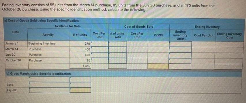 Ending inventory consists of 55 units from the March 14 purchase, 85 units from the July 30 purchase, and all 170 units from the
October 26 purchase. Using the specific identification method, calculate the following.
Cost of Goods Sold using Specific Identification
Available for Sale
Cost of Goods Sold
Ending Inventory
Ending
Inventory
Units.
Date
# of units
Cost Per
Unit
Cost Per
Unit
Cost Per Unit Ending Inventory
Cost
Activity
# of units
COGS
sold
January 1
March 14
Beginning Inventory
Purchase
270
400
July 30
Purchase
470
October 26
Purchase
170
1,310
b) Gross Margin using Specific Identification
Less:
Equals:
