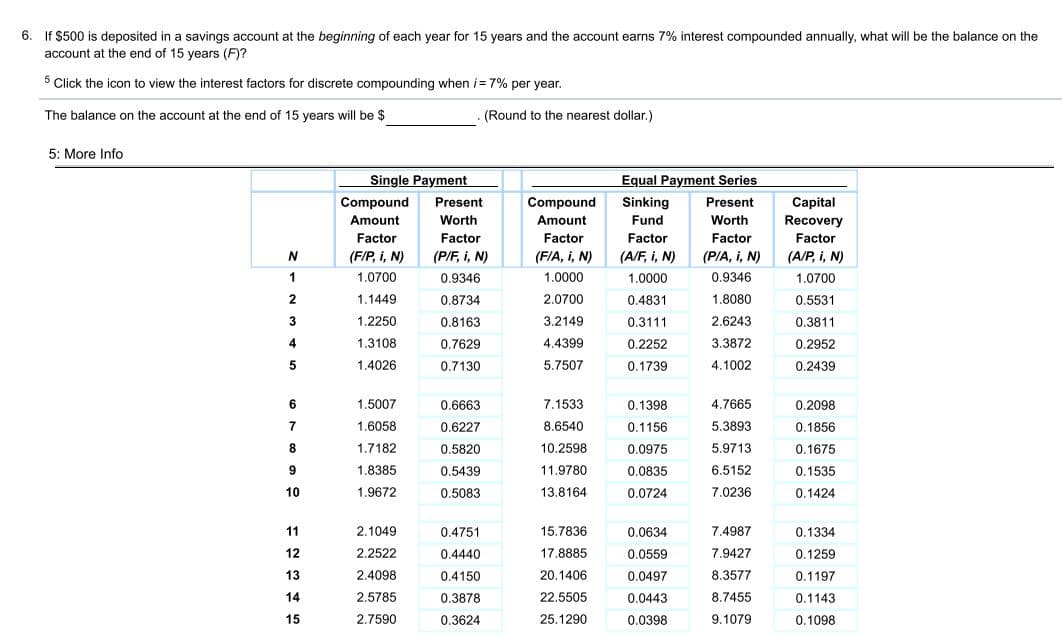 6.
If $500 is deposited in a savings account at the beginning of each year for 15 years and the account earns 7% interest compounded annually, what will be the balance on the
account at the end of 15 years (F)?
5 Click the icon to view the interest factors for discrete compounding when i = 7% per year.
The balance on the account at the end of 15 years will be $
(Round to the nearest dollar.)
5: More Info
Single Payment
Equal Payment Series
Compound
Present
Compound
Sinking
Present
Capital
Recovery
Factor
Amount
Worth
Amount
Fund
Worth
Factor
Factor
Factor
Factor
Factor
(F/P, i, N)
(P/F, i, N)
(F/A, i, N)
(A/F, i, N)
(P/A, i, N)
(A/P, i, N)
1
1.0700
0.9346
1.0000
1.0000
0.9346
1.0700
2
1.1449
0.8734
2.0700
0.4831
1.8080
0.5531
3
1.2250
0.8163
3.2149
0.3111
2.6243
0.3811
4
1.3108
0.7629
4.4399
0.2252
3.3872
0.2952
1.4026
0.7130
5.7507
0.1739
4.1002
0.2439
1.5007
0.6663
7.1533
0.1398
4.7665
0.2098
7
1.6058
0.6227
8.6540
0.1156
5.3893
0.1856
8
1.7182
0.5820
10.2598
0.0975
5.9713
0.1675
9
1.8385
0.5439
11.9780
0.0835
6.5152
0.1535
10
1.9672
0.5083
13.8164
0.0724
7.0236
0.1424
11
2.1049
0.4751
15.7836
0.0634
7.4987
0.1334
12
2.2522
0.4440
17.8885
0.0559
7.9427
0.1259
13
2.4098
0.4150
20.1406
0.0497
8.3577
0.1197
14
2.5785
0.3878
22.5505
0.0443
8.7455
0.1143
15
2.7590
0.3624
25.1290
0.0398
9.1079
0.1098
