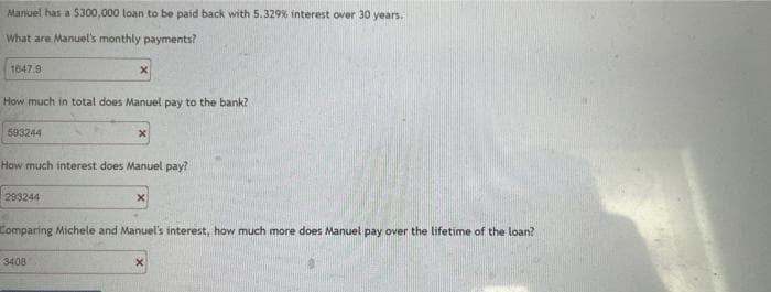 Manuel
has a $300,000 loan to be paid back with 5.329% interest over 30 years.
What are Manuel's monthly payments?
1647.9
X
How much in total does Manuel pay to the bank?
593244
X
How much interest does Manuel pay?
293244
X
Comparing Michele and Manuel's interest, how much more does Manuel pay over the lifetime of the loan?
3408
X