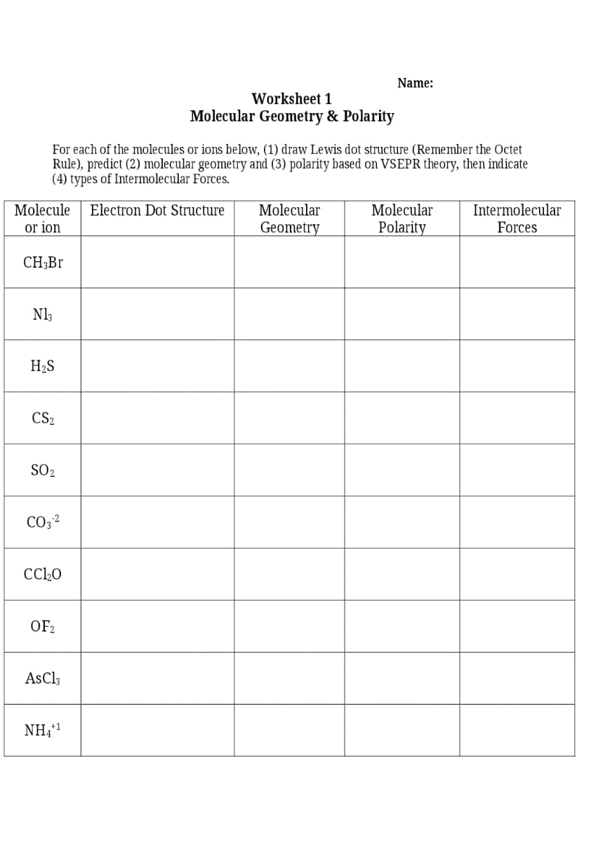 Name:
Worksheet 1
Molecular Geometry & Polarity
For each of the molecules or ions below, (1) draw Lewis dot structure (Remember the Octet
Rule), predict (2) molecular geometry and (3) polarity based on VSEPR theory, then indicate
(4) types of Intermolecular Forces.
Molecule
Electron Dot Structure
Molecular
Molecular
Intermolecular
or ion
Geometry
Polarity
Forces
CH;Br
N13
H2S
CS2
SO2
CO3 2
OF2
AsCl3
NH41
