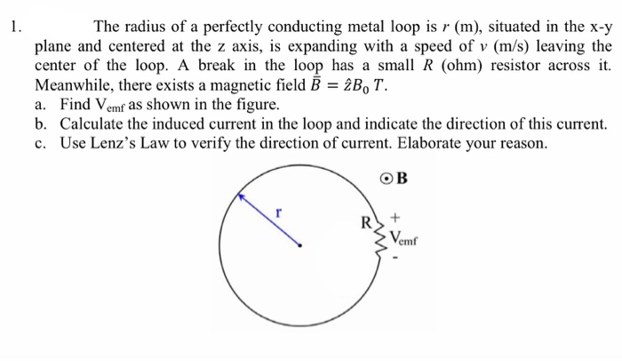 The radius of a perfectly conducting metal loop is r (m), situated in the x-y
plane and centered at the z axis, is expanding with a speed of v (m/s) leaving the
center of the loop. A break in the loop has a small R (ohm) resistor across it.
Meanwhile, there exists a magnetic field B = ¿B, T.
a. Find Vemf as shown in the figure.
b. Calculate the induced current in the loop and indicate the direction of this current.
c. Use Lenz's Law to verify the direction of current. Elaborate your reason.
OB
Vemf
