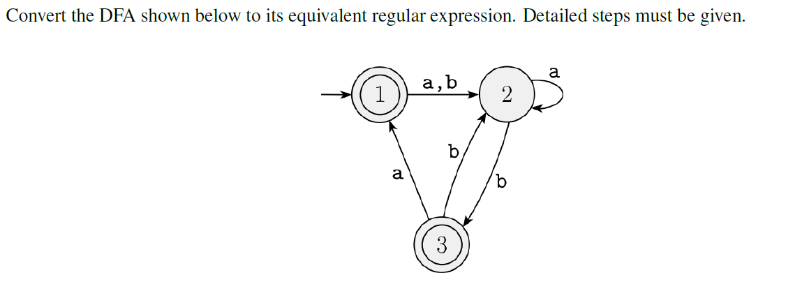 Convert the DFA shown below to its equivalent regular expression. Detailed steps must be given.
a
(1)
a,b
a
3
