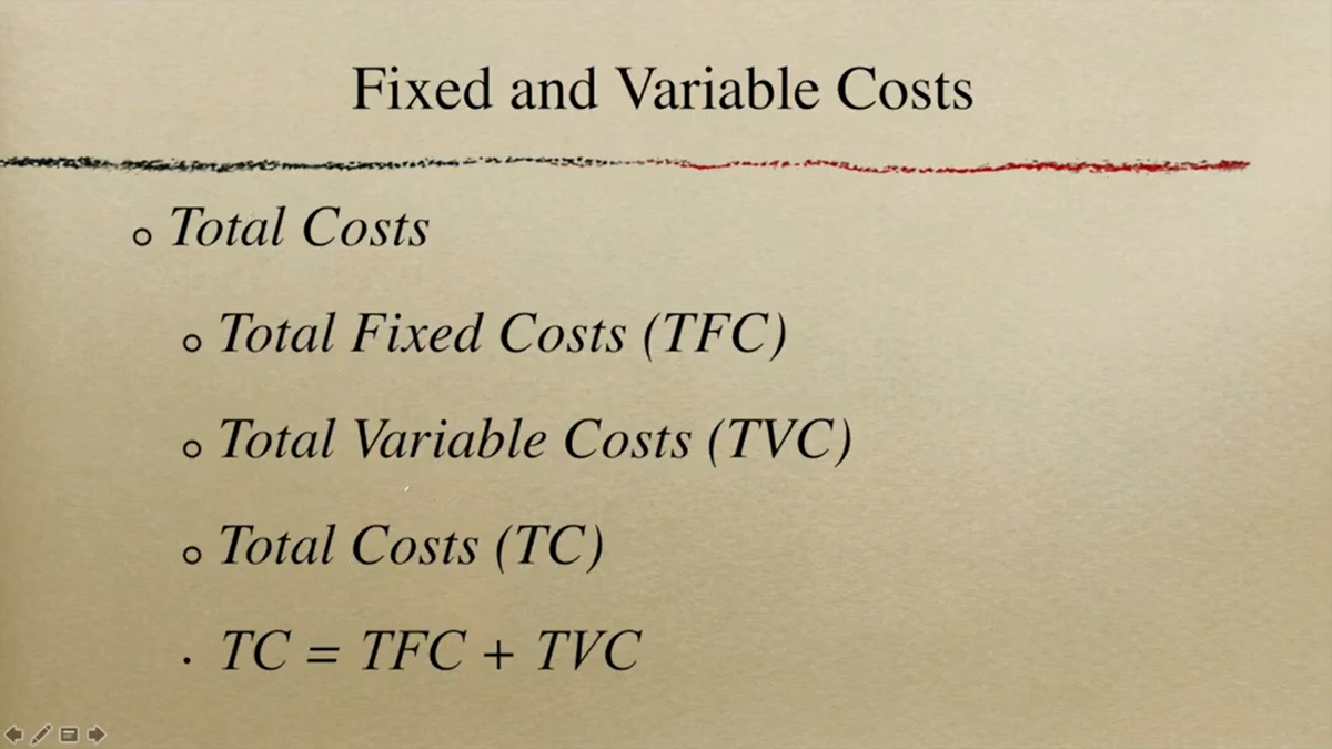 Fixed and Variable Costs
o Total Costs
o Total Fixed Costs (TFC)
o Total Variable Costs (TVC)
Total Costs (TC)
· TC = TFC + TVC
%3D
