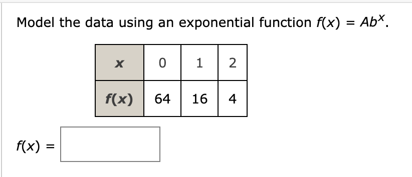 Model the data using an exponential function f(x)
f(x) =
X
0
f(x) 64
1
16
2
4
=
Abx.