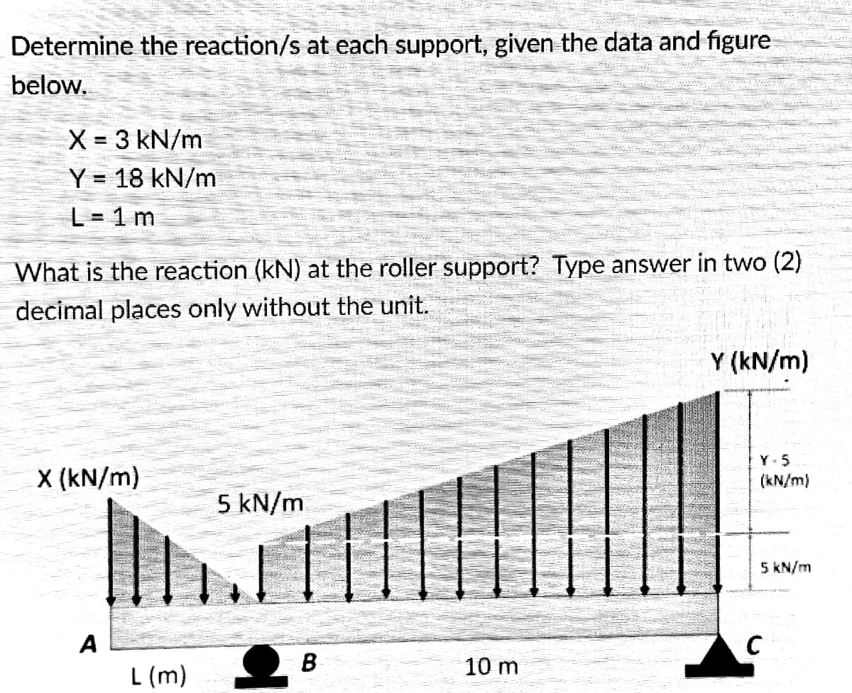 Determine the reaction/s at each support, given the data and figure
below.
X 3 kN/m
Y = 18 kN/m
L 1 m
What is the reaction (kN) at the roller support? Type answer in two (2)
decimal places only without the unit.
Y (kN/m)
Y- 5
X (kN/m)
(kN/m)
5 kN/m
5 kN/m
A
10 m
L (m)
