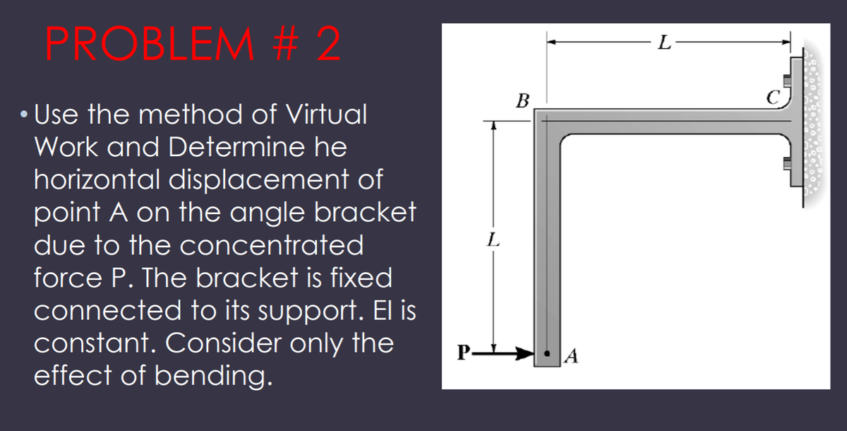 PROBLEM # 2
L
B.
• Use the method of Virtual
Work and Determine he
horizontal displacement of
point A on the angle bracket
due to the concentrated
force P. The bracket is fixed
connected to its support. El is
constant. Consider only the
effect of bending.

