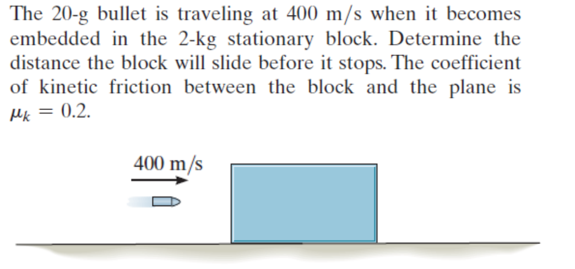 The 20-g bullet is traveling at 400 m/s when it becomes
embedded in the 2-kg stationary block. Determine the
distance the block will slide before it stops. The coefficient
of kinetic friction between the block and the plane is
lk = 0.2.
400 m/s
