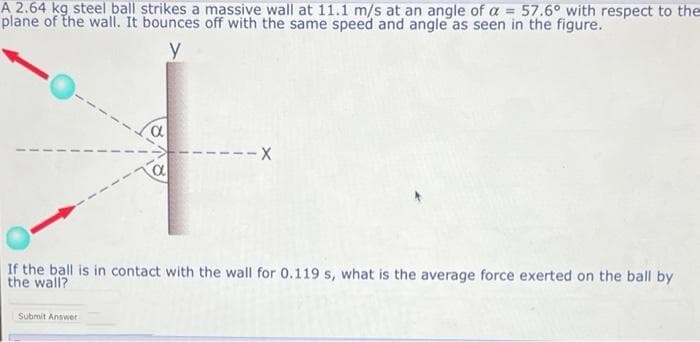 A 2.64 kg steel ball strikes a massive wall at 11.1 m/s at an angle of a = 57.6° with respect to the
plane of the wall. It bounces off with the same speed and angle as seen in the figure.
---X
If the ball is in contact with the wall for 0.119 s, what is the average force exerted on the ball by
the wall?
Submit Answer
