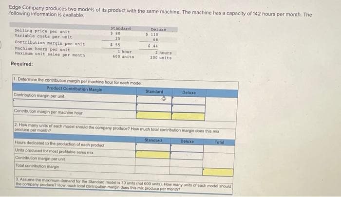 Edge Company produces two models of its product with the same machine. The machine has a capacity of 142 hours per month. The
following information is available.
Selling price per unit
Variable costs per unit
Contribution margin per unit
Machine hours per unit
Maximum unit sales per month
Required:
Contribution margin per unit
1. Determine the contribution margin per machine hour for each model
Product Contribution Margin
Contribution margin per machine hour
Standard:
$ 80
25
$ 55
- 1 hour
600 units
Hours dedicated to the production of each product
Units produced for most profitable sales mix
Contribution margin per unit
Total contribution margin
Deluxe
$ 110
66
$44
2 hours
200 units
Standard
Deluxe
2. How many units of each model should the company produce? How much total contribution margin does this mix
produce per month?
Standard
Total
Deluxe
3. Assume the maximum demand for the Standard model is 70 units (not 600 units). How many units of each model should
the company produce? How much total contribution margin does this mix produce per month?